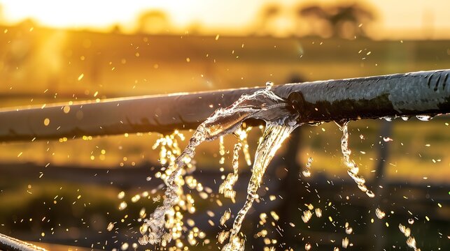 Hose filling water trough in pasture, close up, focus on water flow and splashes, sunset 