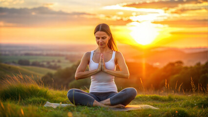 Person meditates in grass under a soft sunset, a harmony of warm and cool skies. A girl with her arms folded on her chest meditates in lotus pose. Soft sunset on the meadow.