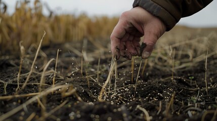 Cover crops being sown in fall, close up, hand scattering seeds, overcast day, preparing for winter