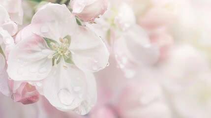 Close up of apple blossoms in spring, soft focus on pink and white petals, morning dew 