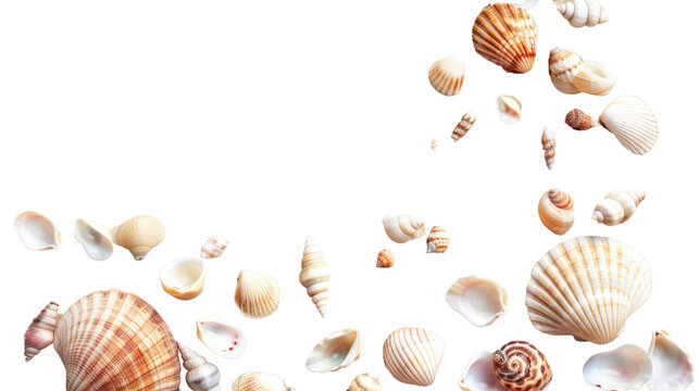 Sand and sea shells beach theme background isolated on white png image , transparent