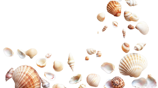 Sand and sea shells beach theme background isolated on white png image , transparent