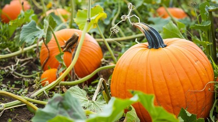 Pumpkins growing in field, close up, orange and round against green vines, autumn harvest 