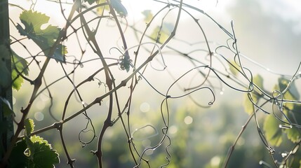 Close up of grapevine tendrils clinging to trellis, delicate focus, soft morning mist 