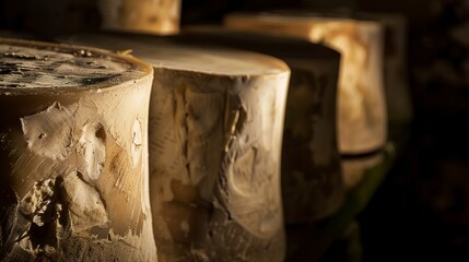 Cheese wheels aging in cellar, close up, focus on mold and texture, dim ambient light 