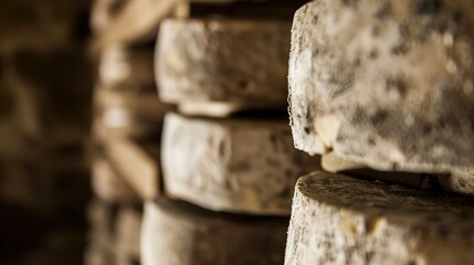 Cheese wheels aging in cellar, close up, focus on mold and texture, dim ambient light