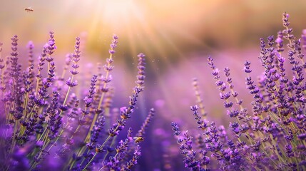 Obraz premium Close up of lavender rows, purple blooms, soft focus background, bees buzzing, gentle sunset 