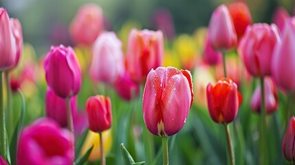Obraz premium Tulips in field, close up, vibrant colors lineup, dew-covered, crisp spring morning 