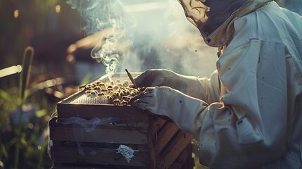 Worker in bee suit smoking hive, close up, calming bees, soft focus on smoke and hive entrance