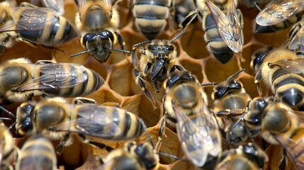 Queen bee surrounded by workers, close up, detailed view of unique markings, colony care 