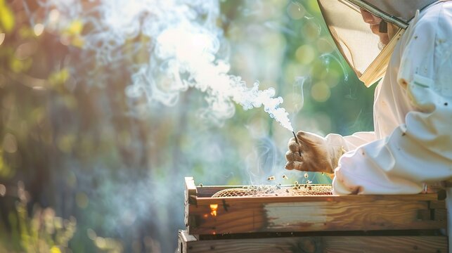 Worker in bee suit smoking hive, close up, calming bees, soft focus on smoke and hive entrance 