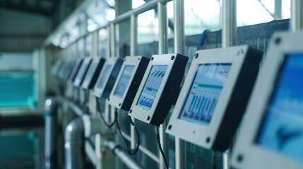 Monitoring equipment in fish farm, close up, screens displaying water temperature and pH levels 