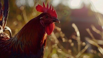 Rooster crowing at dawn, close up, vibrant plumage, crisp morning light, farm soundscape