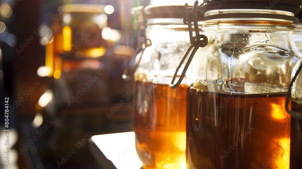 Wall mural Local honey jars in sunlight, close up, golden liquid shimmering, artisanal product display 