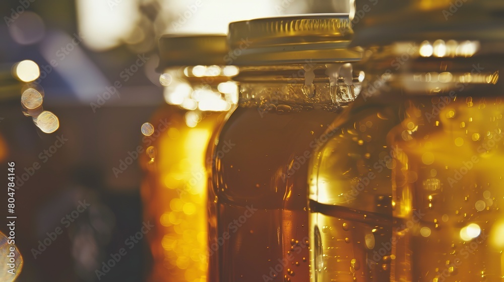 Wall mural Local honey jars in sunlight, close up, golden liquid shimmering, artisanal product display