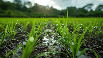 Fototapeta premium A vibrant bed of young rice seedlings about 9 10 days old getting ready for transplantation in the rainy monsoon season