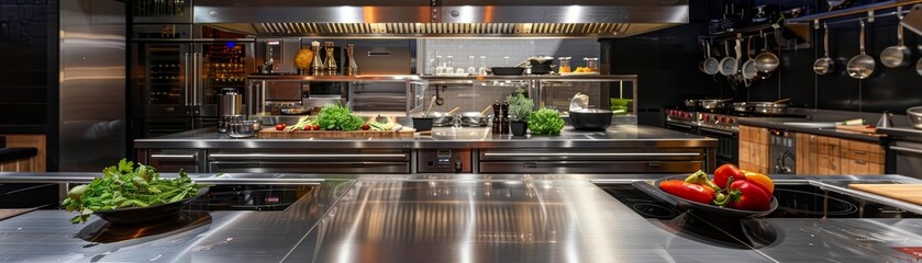 A commercial kitchen with stainless steel countertops, sinks, and appliances