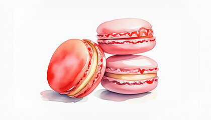 Watercolor painting of three red macarons with different fillings, artistically rendered with light shadows