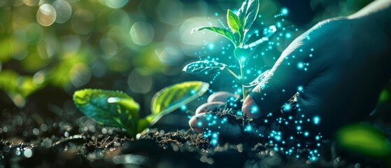 A hand holding a small plant with glowing particles. The plant is being held in the hand with care. The background is blurred.