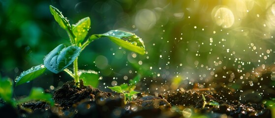 A tiny plant grows towards the light. Raindrops fall on the leaves. The plant grows strong.