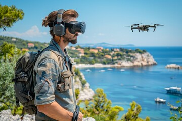 Military man in uniform, wearing goggles and headphones, closely examining a drone