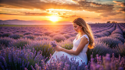 Serene woman relaxing with lavender bouquet in a field, embodying eco-cosmetics and self-awareness themes. The theme of SPA treatments, healing and nature's natural gifts.
