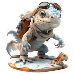 A 3D animated cartoon render of an iguana heroically aiding a surfer in distress.