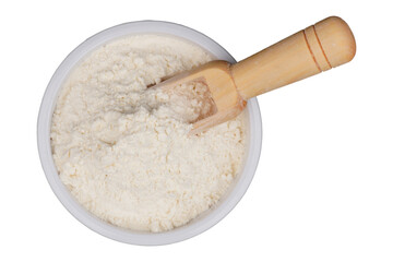 Rice flour in a white bowl with a wooden spoon isolated transparent