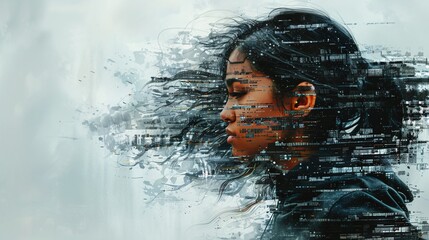 a woman being pixelated and the pixels detaching from her and floating away