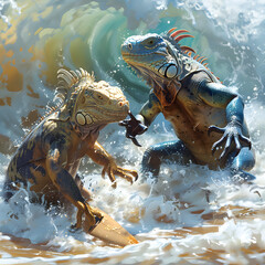 A 3D animated cartoon render of a dramatic rescue of a surfer by an iguana in choppy waters.