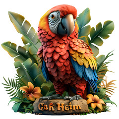 A 3D animated cartoon render of a tropical beach scene with a parrot signaling danger.