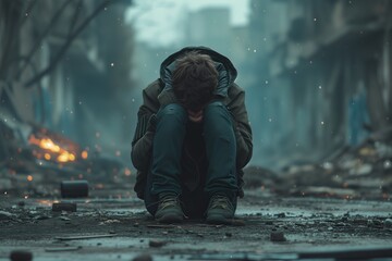 PTSD Mental health concept. Post Traumatic Stress Disorder. The depressed man sitting alone war destroyed buildings in the background