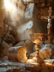 A chalice of wine with bread and a cross on a subdued background symbolizing the sacred ritual of communion