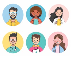 A set of icons, men and women in medical jobs style, doctor and nurse and professor and... on round circle labels and template frames.