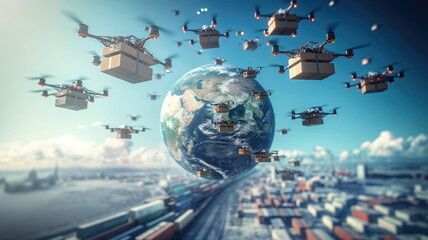 Fototapeta premium Drones delivering packages worldwide against a backdrop of a glo