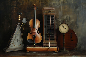 Show a metronome placed alongside various musical instruments like a violin or piano, symbolizing the importance of tempo and rhythm in music.