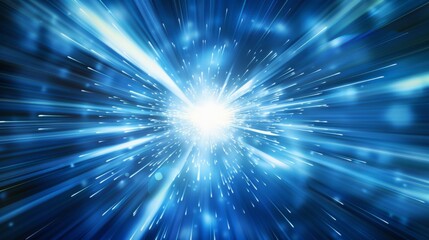 Abstract blue light speed background with rays of light and glow.