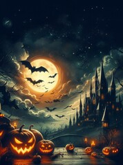 Illustration for Halloween poster, pumpkin, bat, castle generative ai art