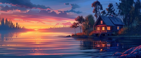 A serene lakeside cabin at sunset, reflections on water, peaceful ambiance, DSLR camera with a telephoto lens, golden hour lighting, tranquil retreat., cartoon style, background,comic panel background