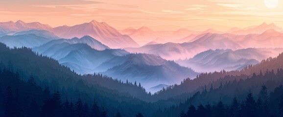 Obraz premium A serene mountain pass at sunrise, misty peaks, warm colors, DSLR camera with a prime lens, dawn light, awe-inspiring landscape., cartoon style, background,comic panel background 