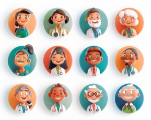 Fototapeta premium A set of icons, men and women in medical jobs style, doctor and nurse and professor and... on round circle labels and template frames.