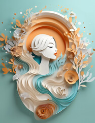 A 3D paper art composition featuring a white tree silhouette against layered earth-toned swirls and floral patterns, creating an abstract nature scene