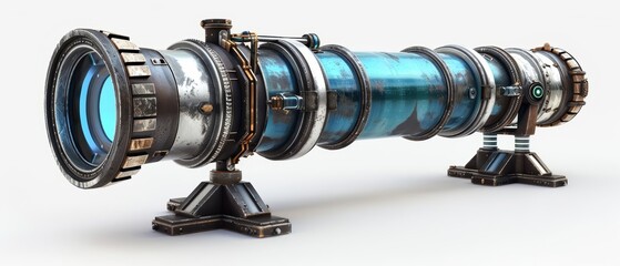 A 3D render of a futuristic telescope, its lens glinting under artificial light, stands poised to explore the cosmos, Sharpen isolated on white background