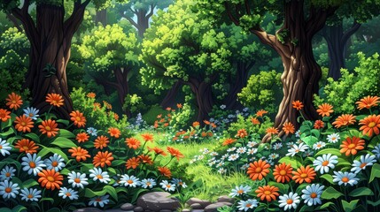 cartoon style mountains with gradient colorful flower field landscape landscape, spring meadow with flowers and tree blossom with sky in nature background