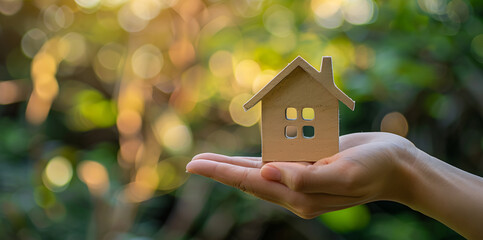 hand holding a small house outdoors with out of focus trees - real estate concept