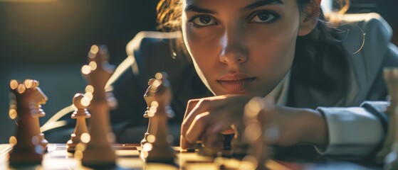 A young woman stares at a chessboard, her eyes filled with determination and focus