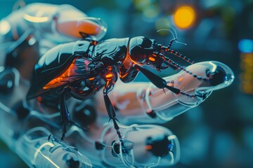 A close up cyber concept captures an entomologist using robotic insects to study real bug behaviors in a controlled environment