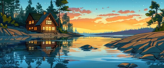 Obraz premium A tranquil lakeside cabin at sunset, reflections on water, peaceful ambiance, DSLR camera with a telephoto lens, golden hour lighting, tranquil retreat., cartoon style