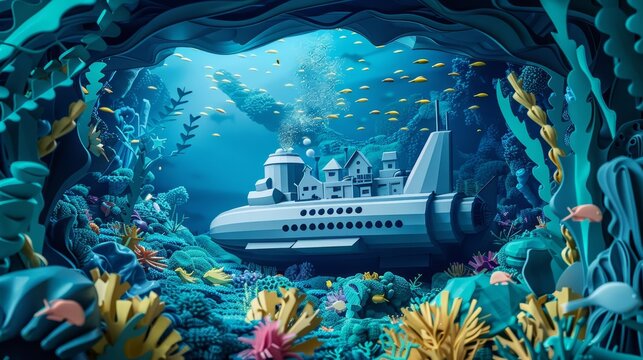 A deepsea submarine voyage discovering a lost paper city on the ocean floor, surrounded by paper coral and fish, paper art style concept
