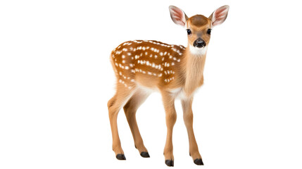 Fototapeta premium A cute baby deer stands in a field of flowers